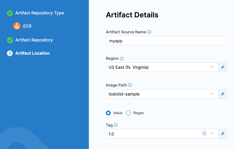 ECR artifact details with the region, image path, and tag