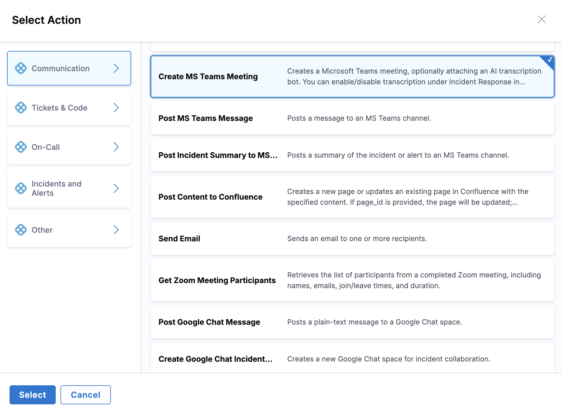Select Action Dialog