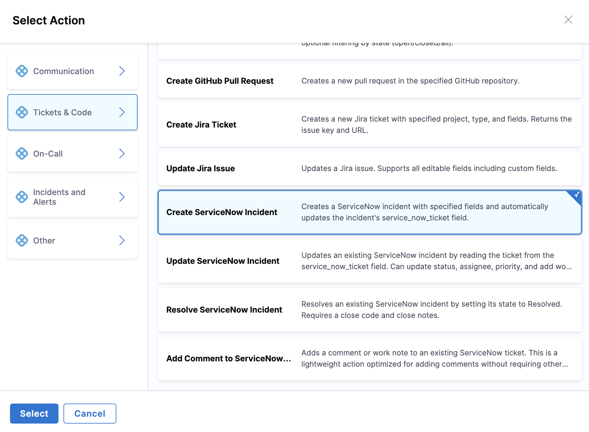 Select Action Dialog