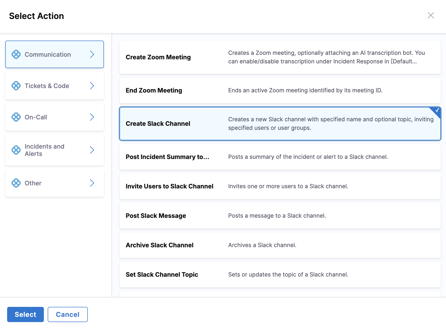 Select Action Dialog