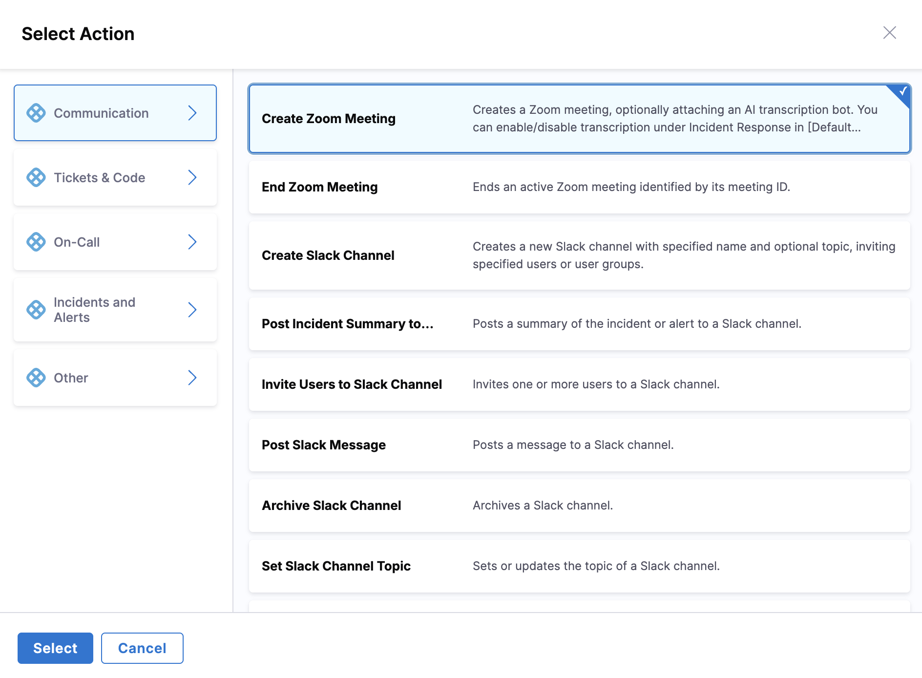 Select Action Dialog