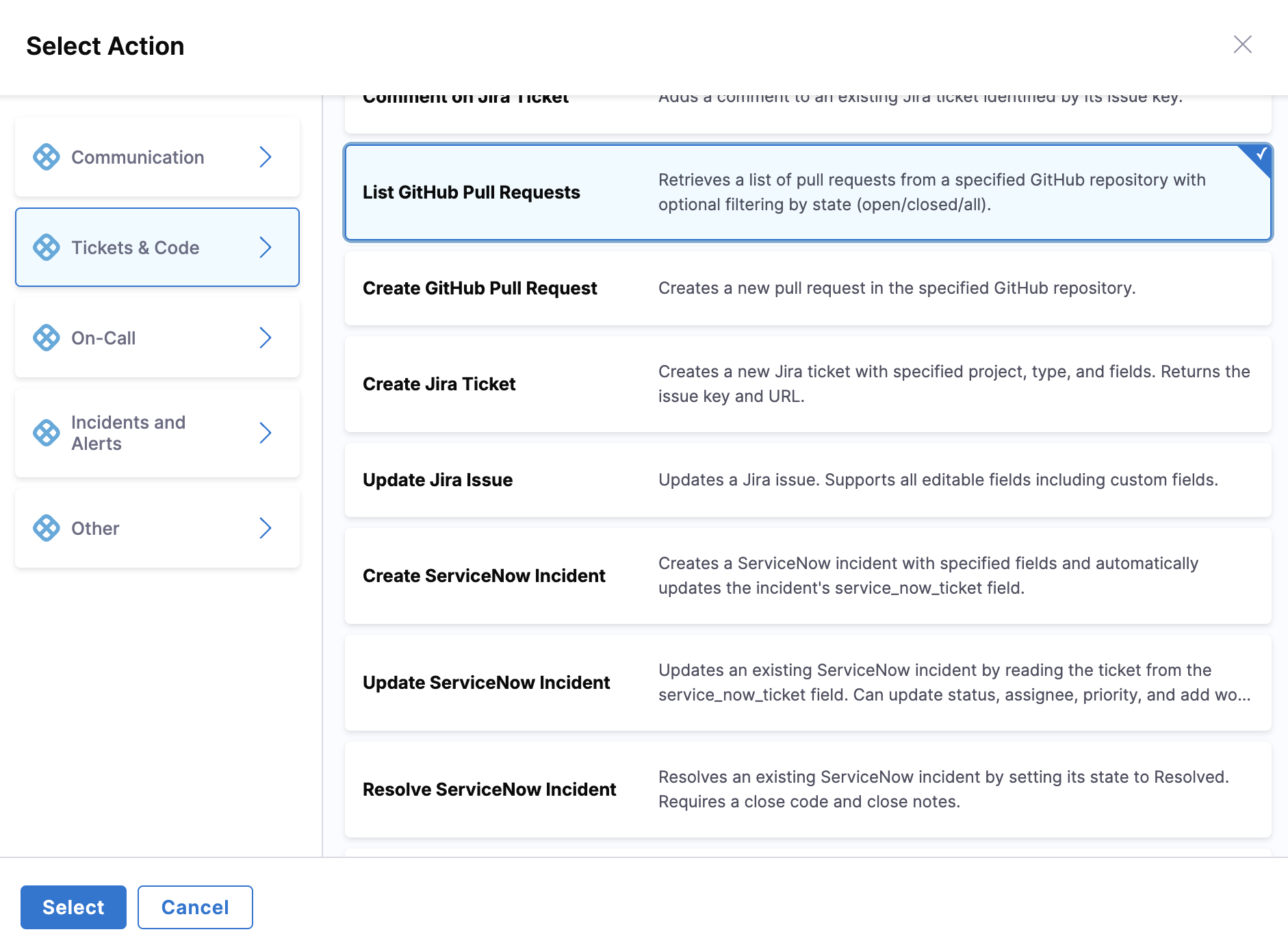 Select Action Dialog