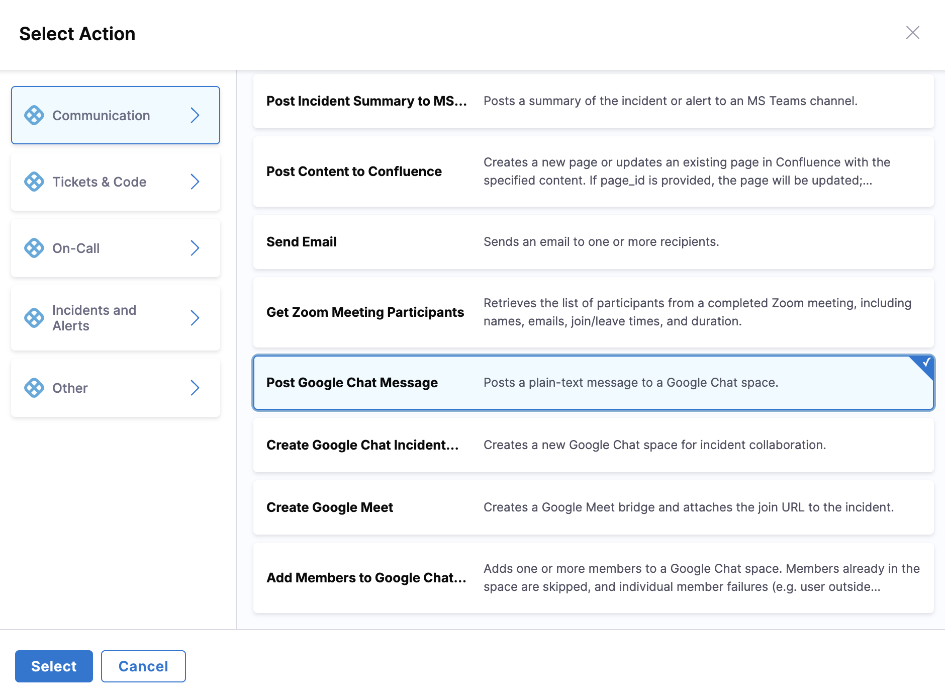 Select Action Dialog