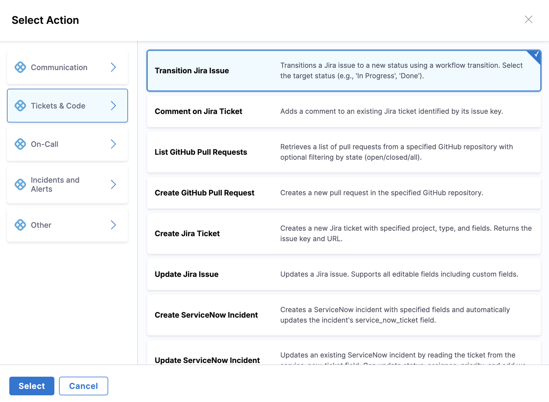 Select Action Dialog