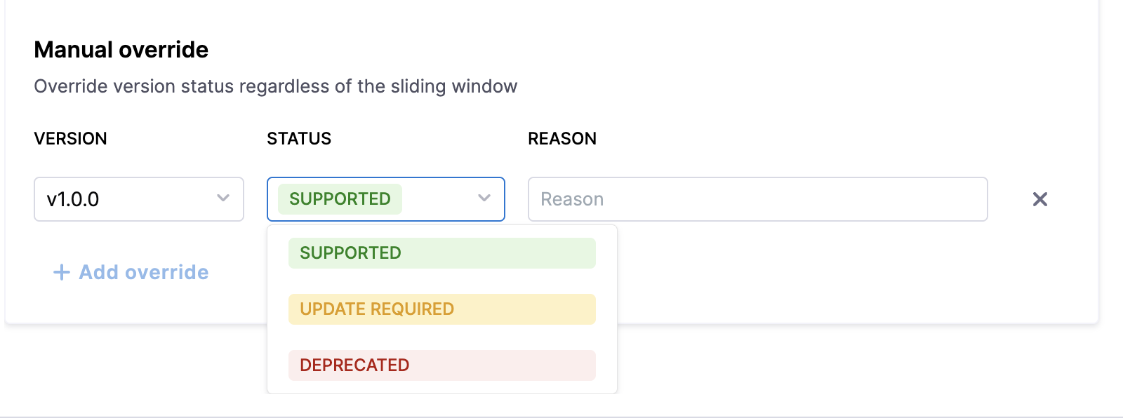 Manual override panel with Version, Status, and Reason fields
