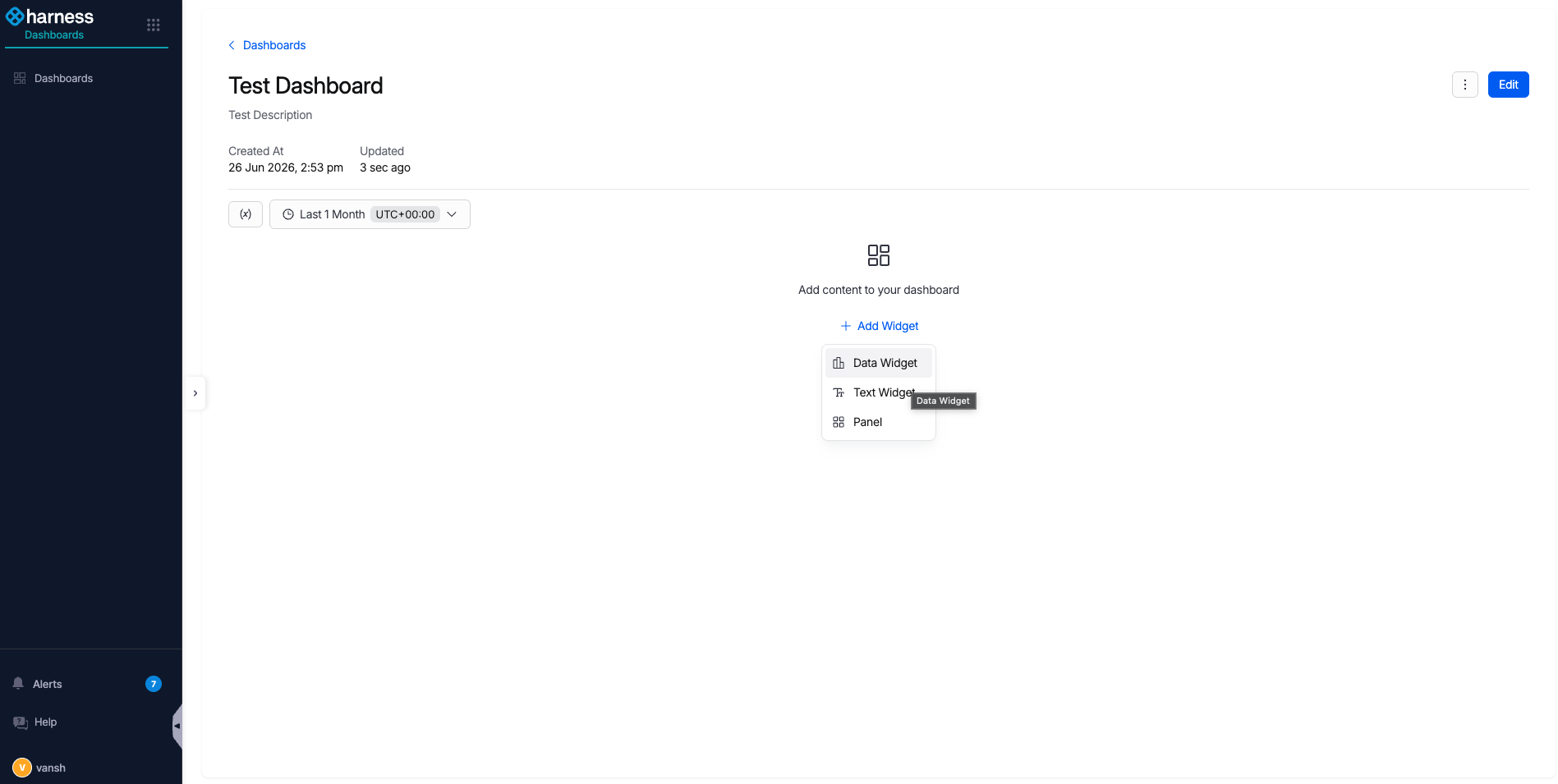 The Add Widget button on the dashboard
