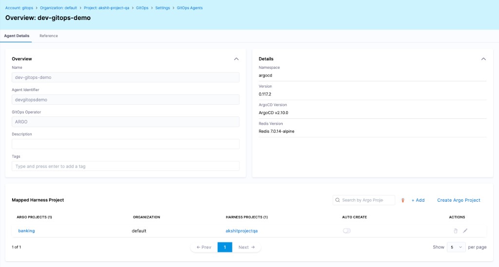 GitOps agent overview showing the Mapped Harness Project section with an Argo project entry