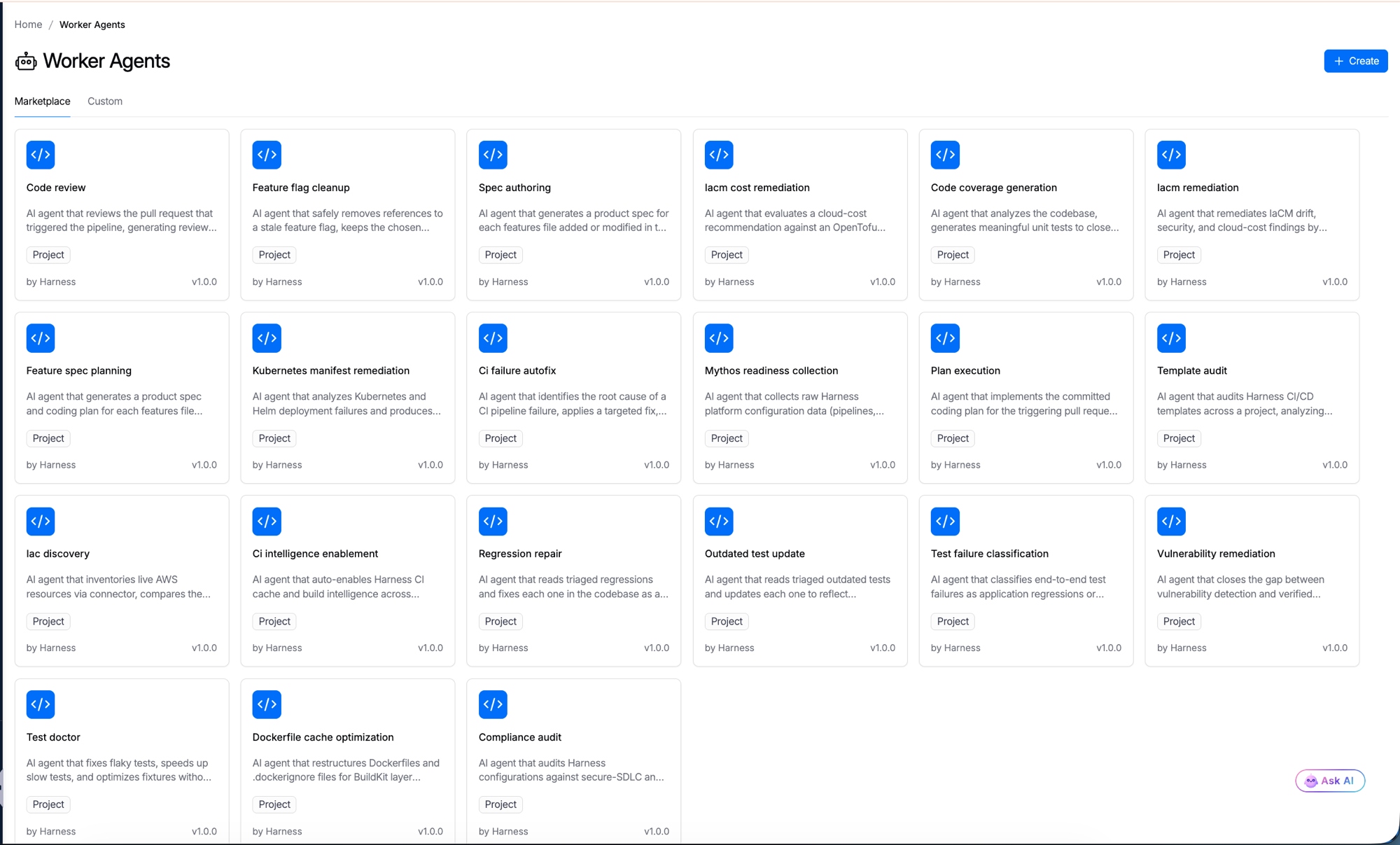 Worker Agent Catalog showing the Marketplace tab with agents including Code review, Feature flag cleanup, Spec authoring, IaCM cost remediation, Code coverage generation, IaCM remediation, Feature spec planning, Kubernetes manifest remediation, CI failure autofix, Plan execution, Template audit, Regression repair, Test failure classification, and Vulnerability remediation agents