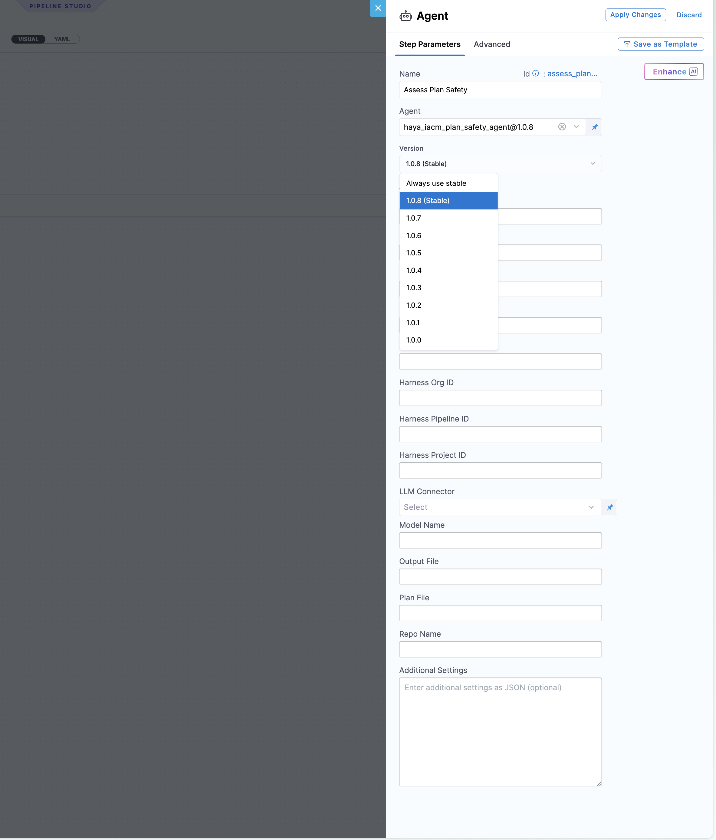 Agent step configuration panel showing agent selection, version picker, and input fields