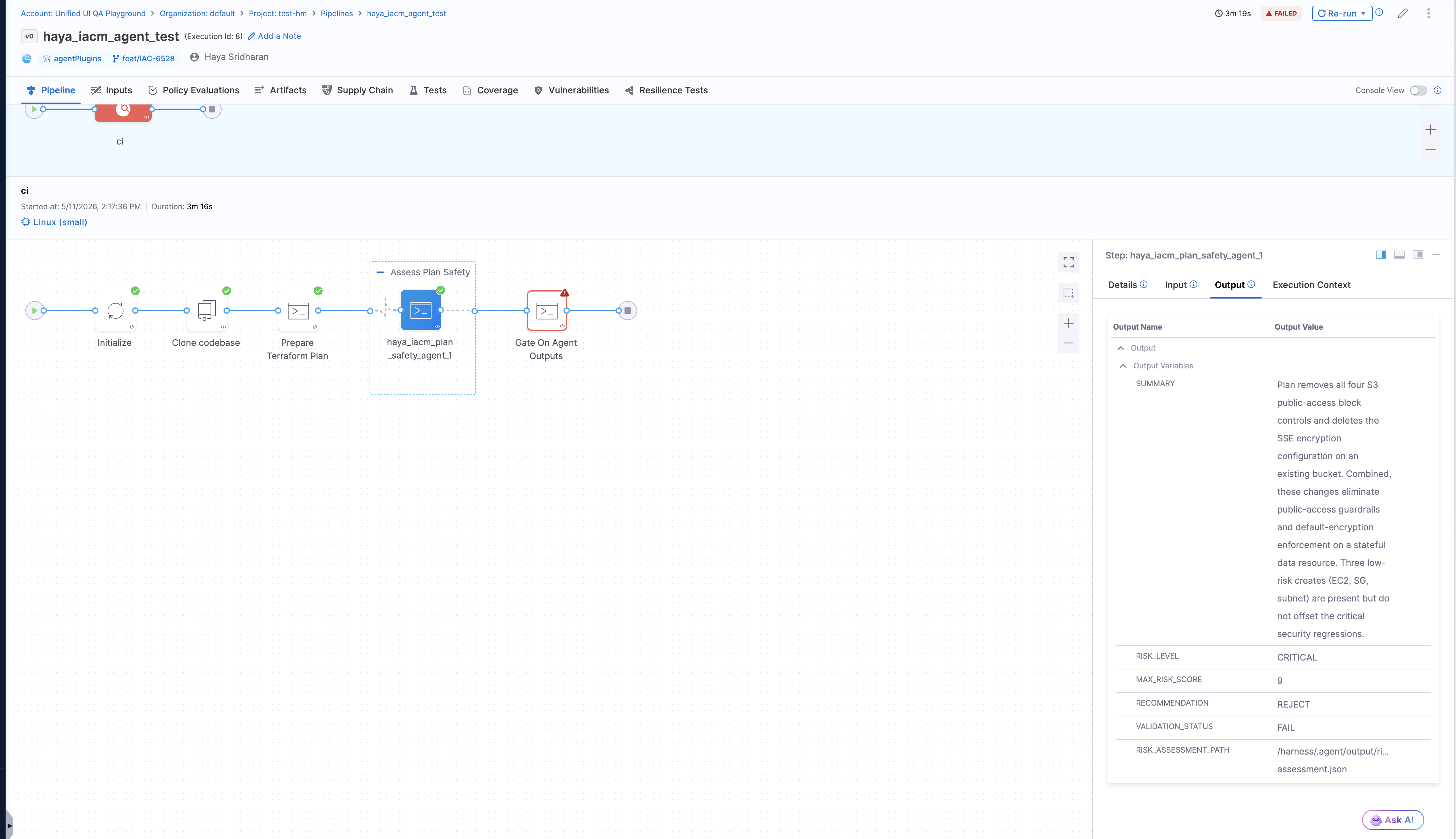 Agent step Output tab showing output variables such as RECOMMENDATION, RISK_LEVEL, MAX_RISK_SCORE, VALIDATION_STATUS, and SUMMARY