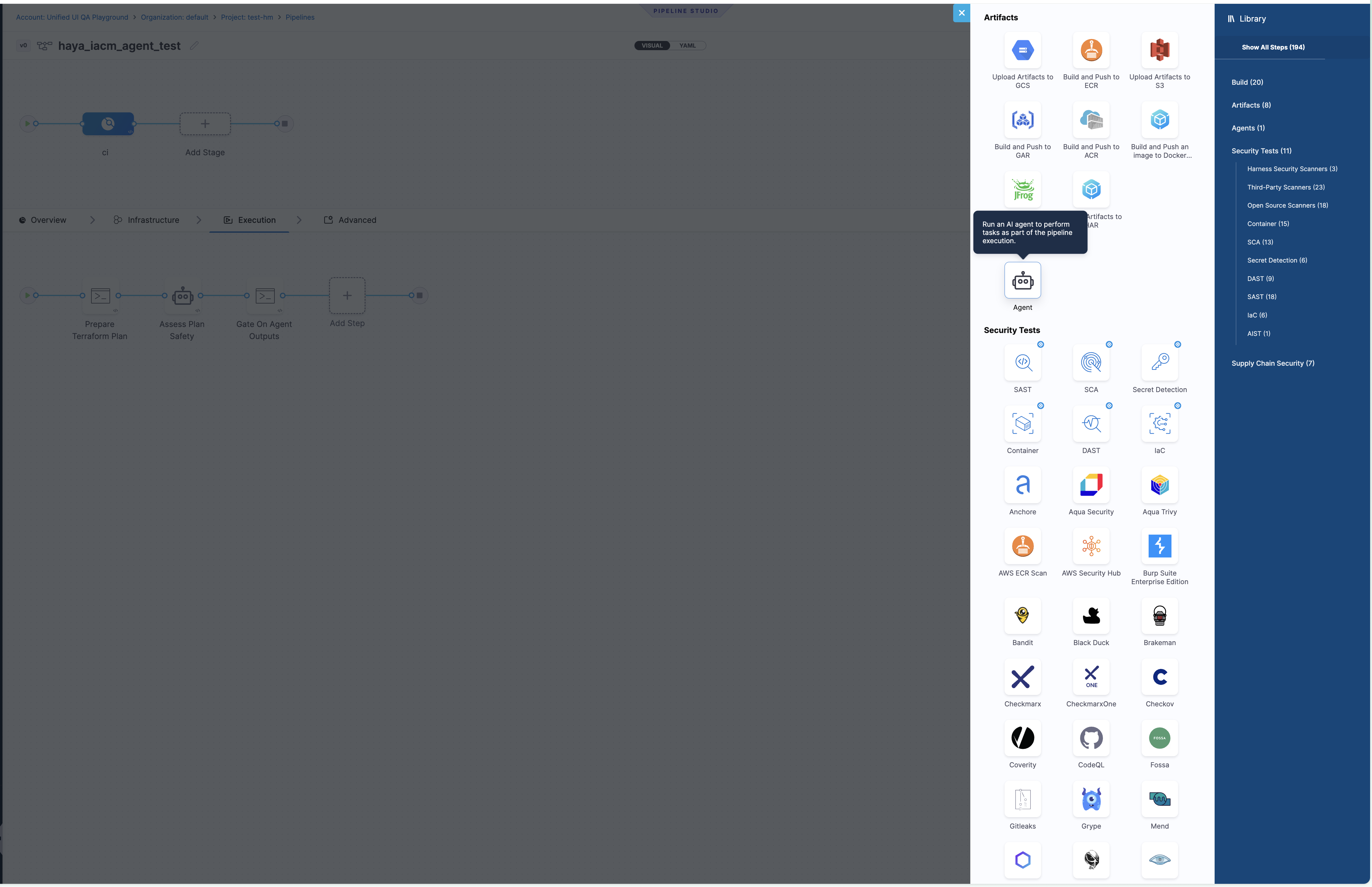 Pipeline Studio step library showing the Agent step under the Agents category