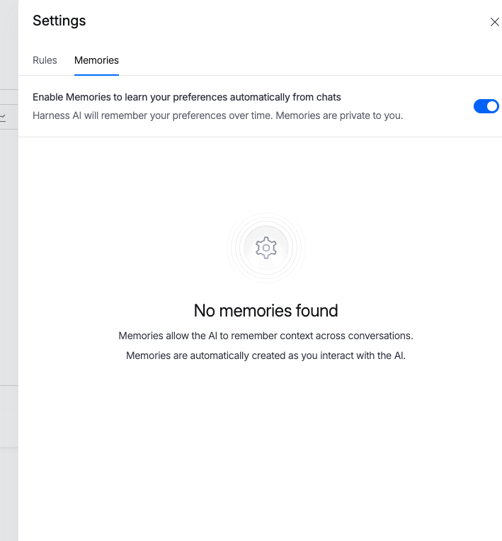 Harness AI Settings Memories tab with the Enable Memories toggle and a list of personal memories
