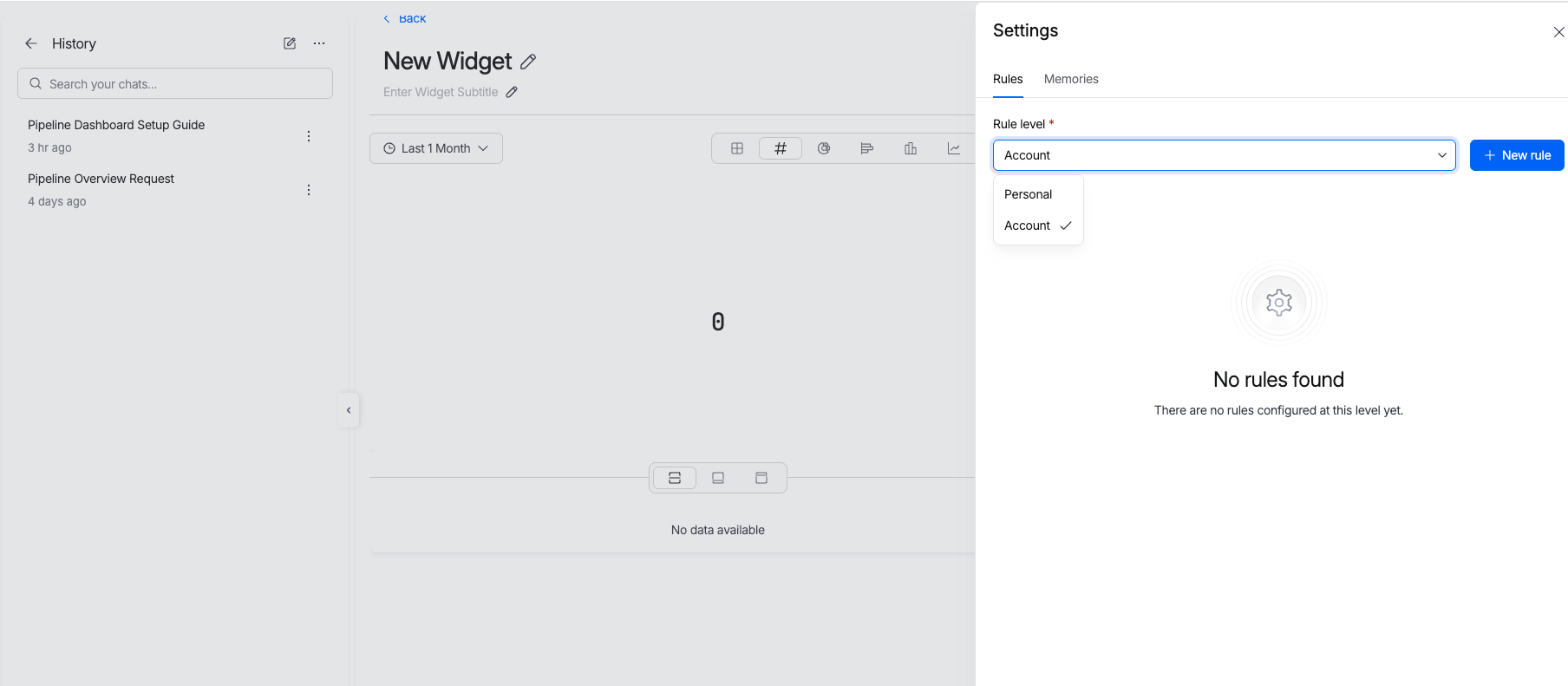 Harness AI Settings Rules tab with rule level selector and New rule button