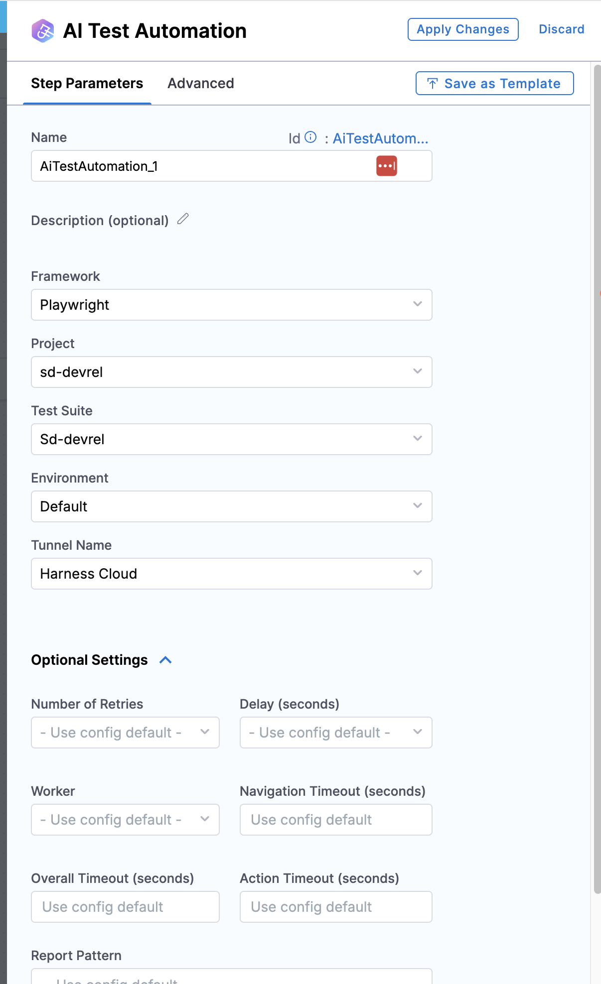 AI Test Automation step Step Parameters with Framework set to Playwright, Project, Test Suite, Environment, Tunnel Name, and the Optional Settings section expanded