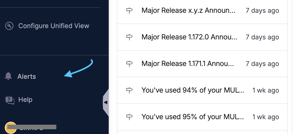 Alerts popover showing unread alerts in the Harness left sidebar