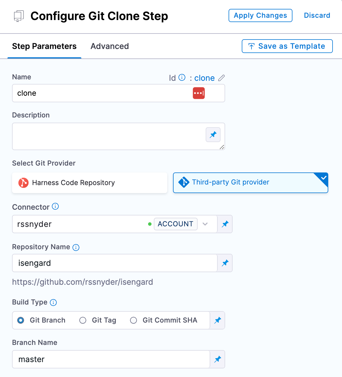 Git clone step configuration with repository details