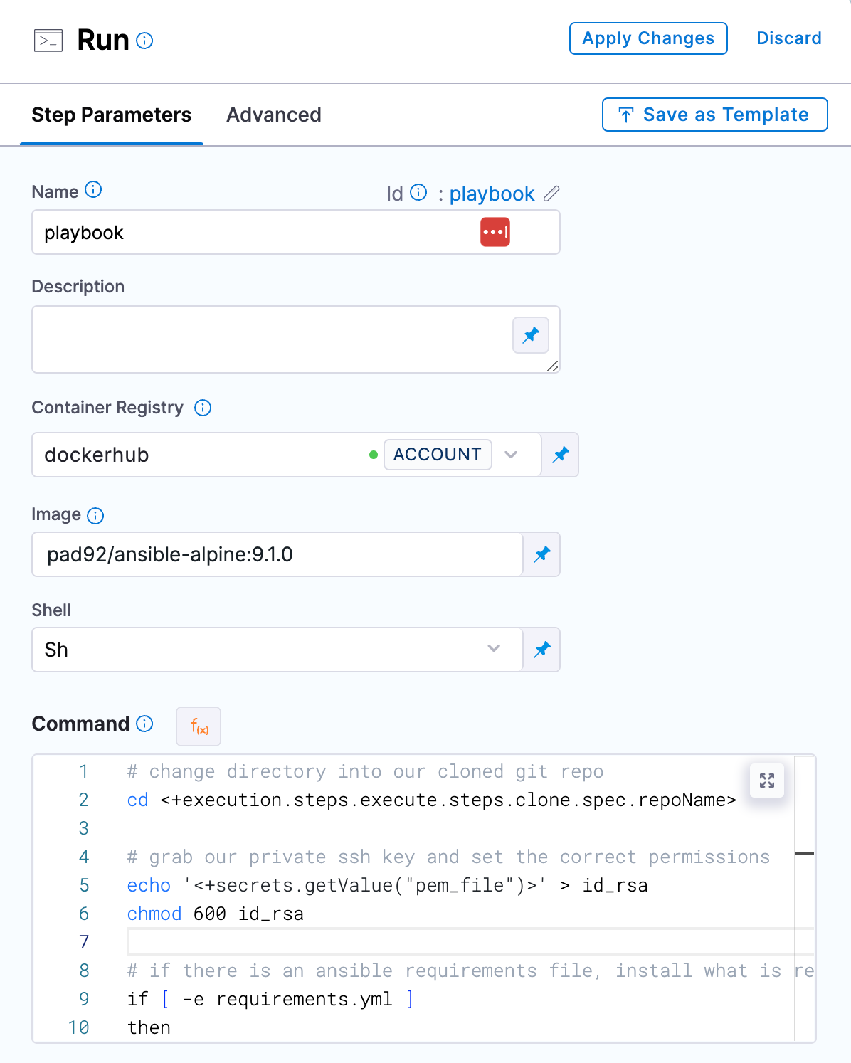 Run step command configuration with Ansible execution script