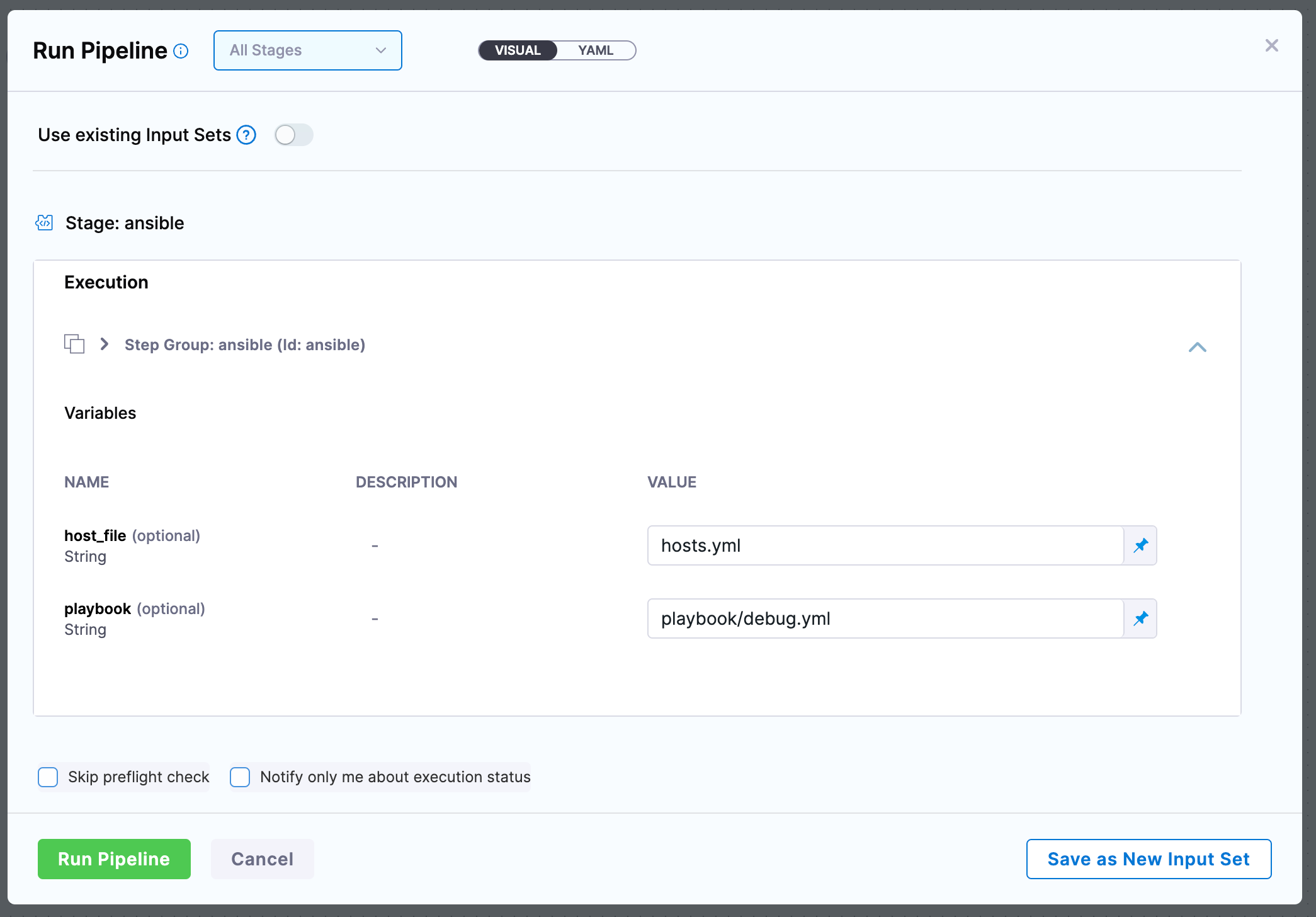 Pipeline execution input prompt for hosts_file and playbook variables