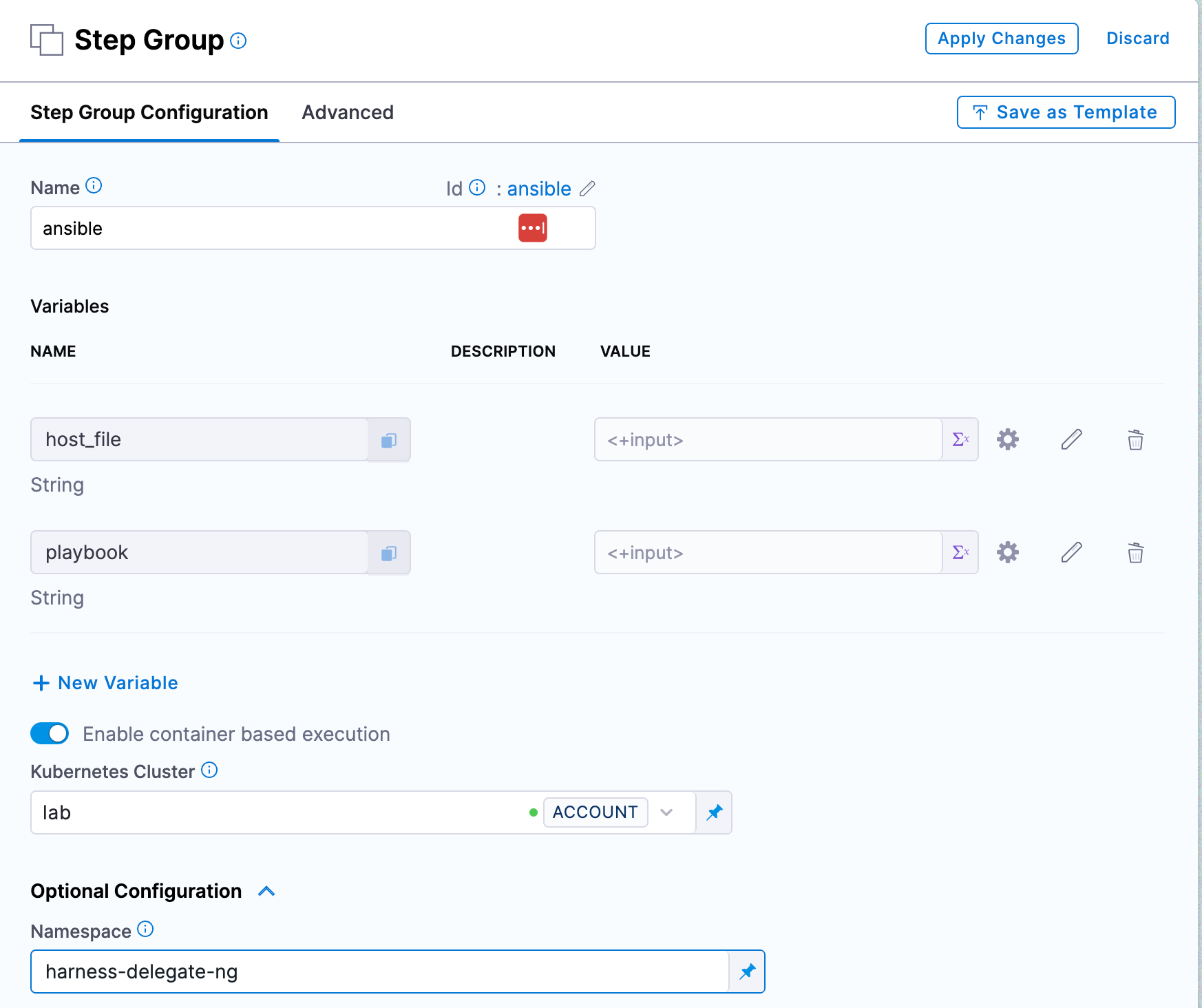 Step group configuration showing variables for hosts_file and playbook