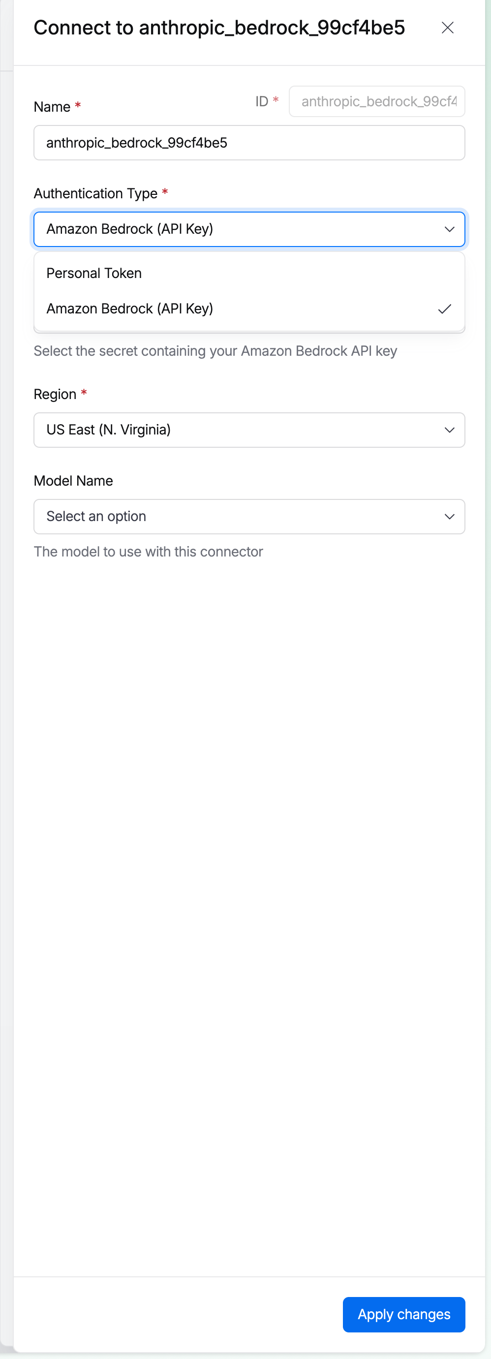 Anthropic Connector configuration showing authentication type, region, and model name fields