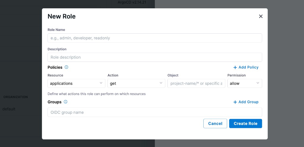 New Role dialog showing Role Name, Description, Policies, and Groups fields
