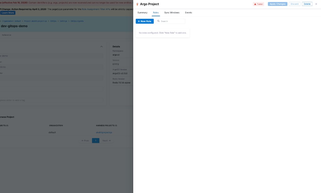 Roles tab of the Argo Project panel showing the New Role button and an empty role list