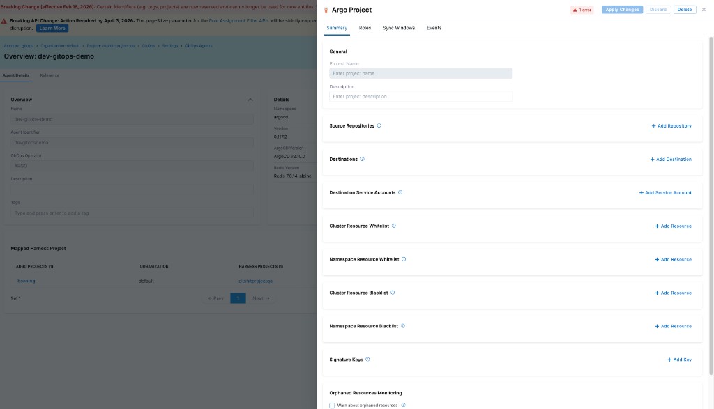 Summary tab of the Argo Project panel showing General, Source Repositories, Destinations, and Resource Whitelist and Blacklist sections