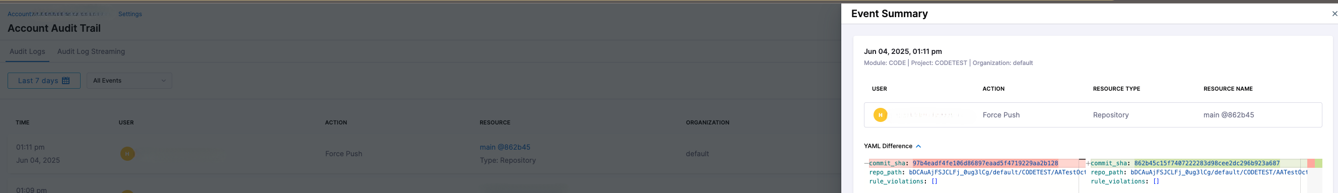 Harness audit trail filtered to repository resource type