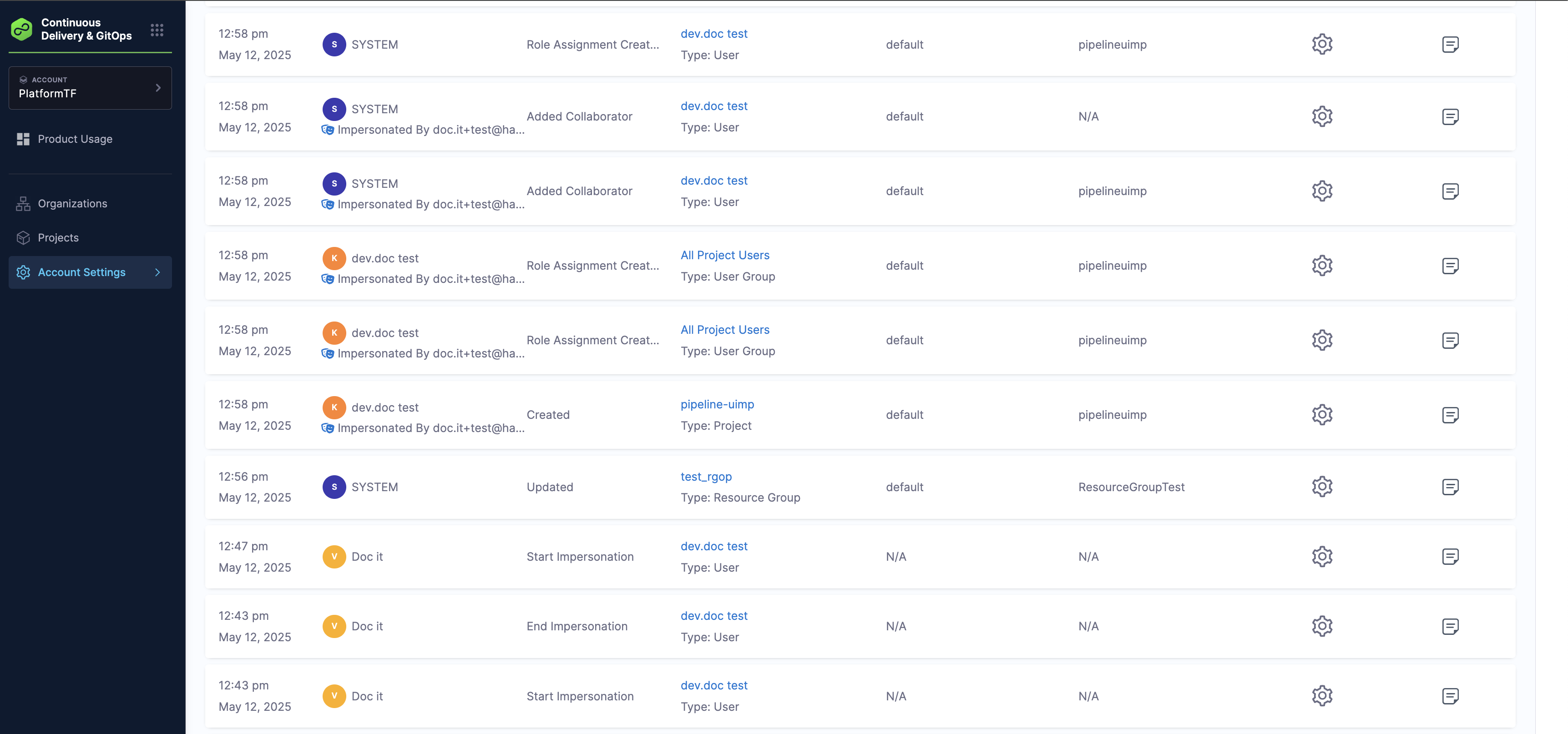 Audit Trail page showing impersonation events with the Action and User columns