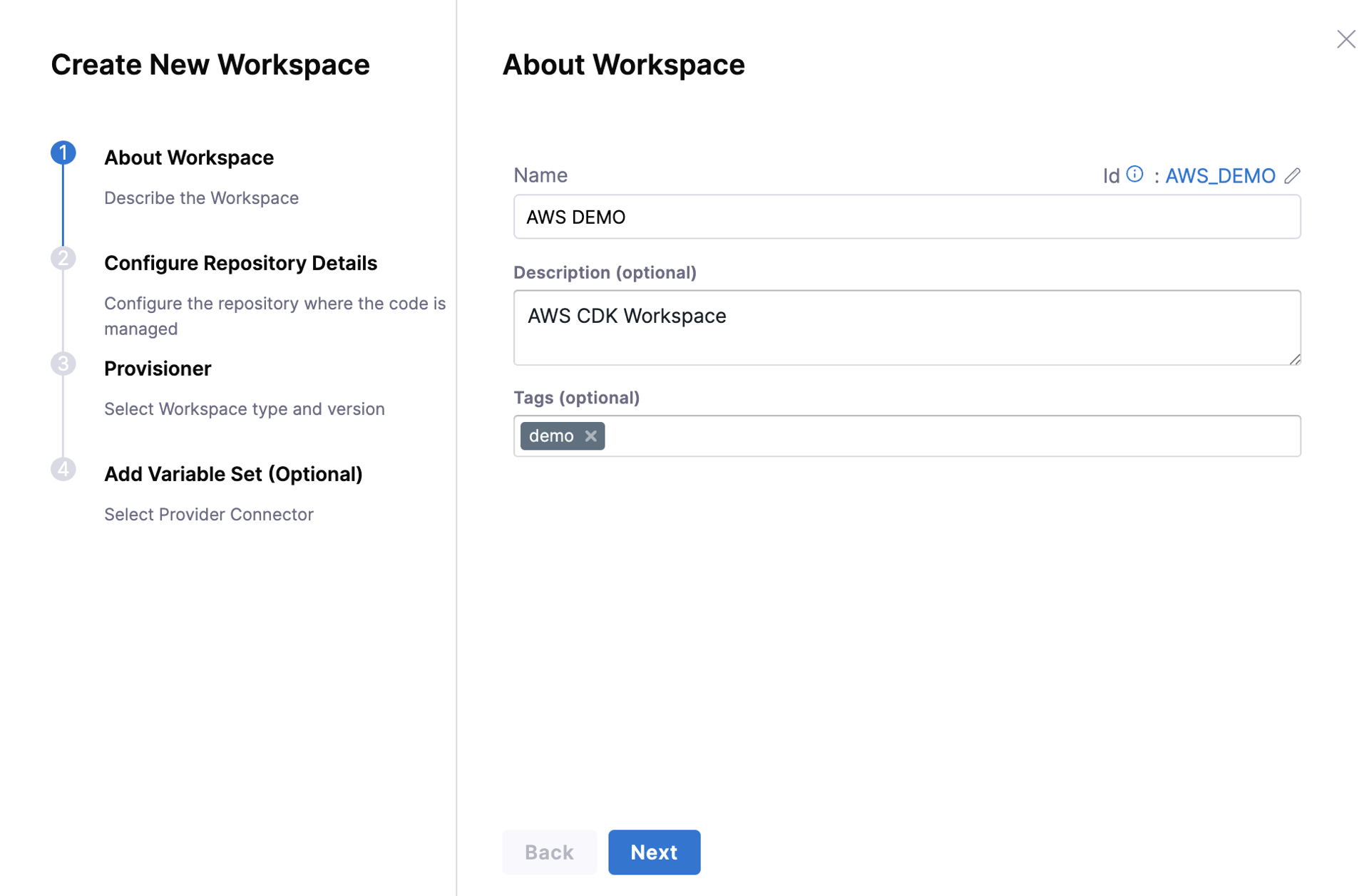 About workspace panel showing Name, Description, and Tags fields