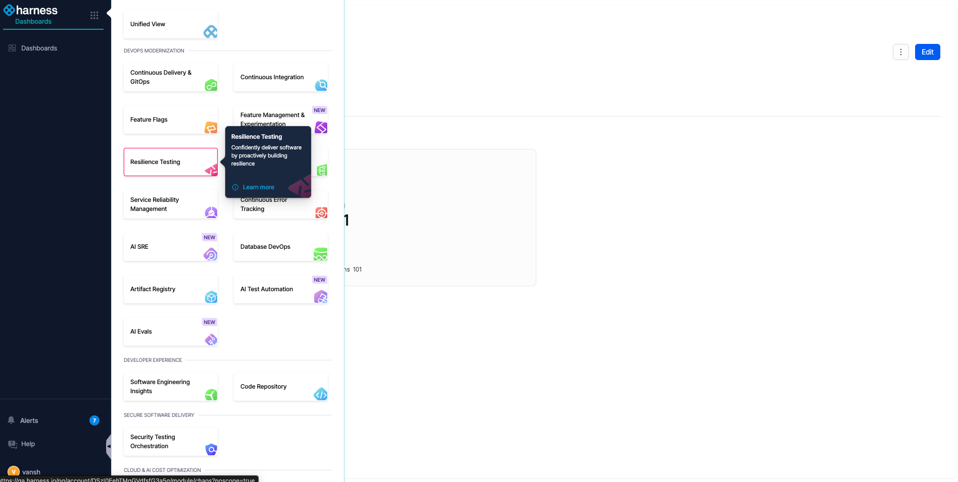 The left navigation bar option to return to the Resilience Testing module