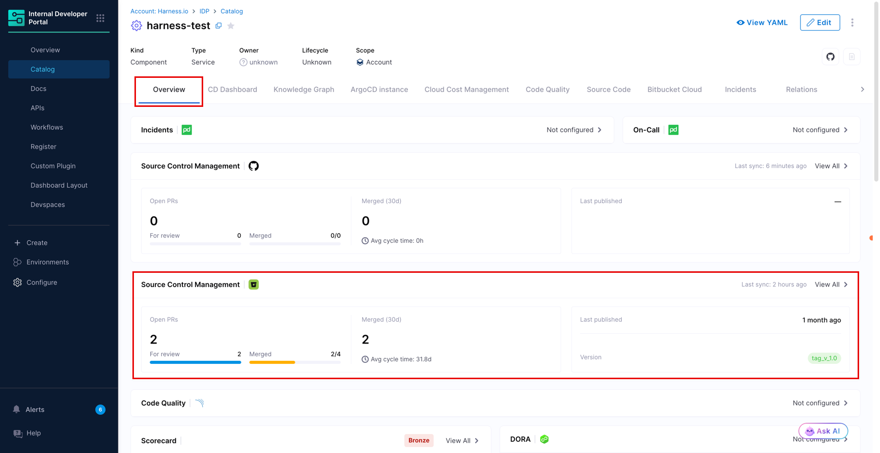 Catalog entity page for a Bitbucket-imported service