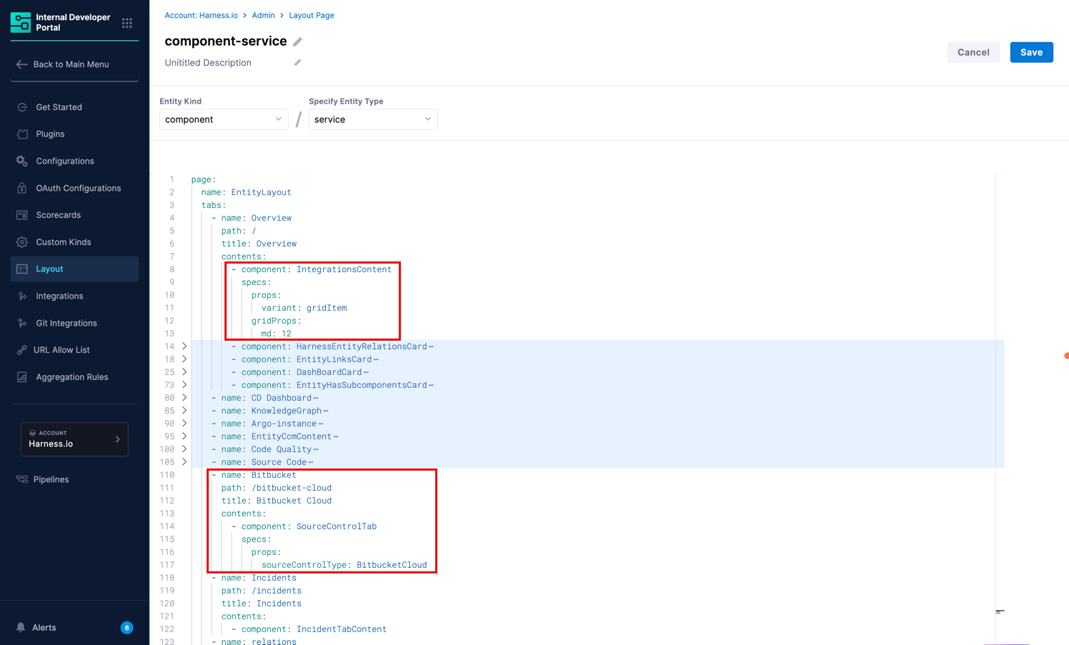 Entity Layout configuration for Bitbucket Cloud components