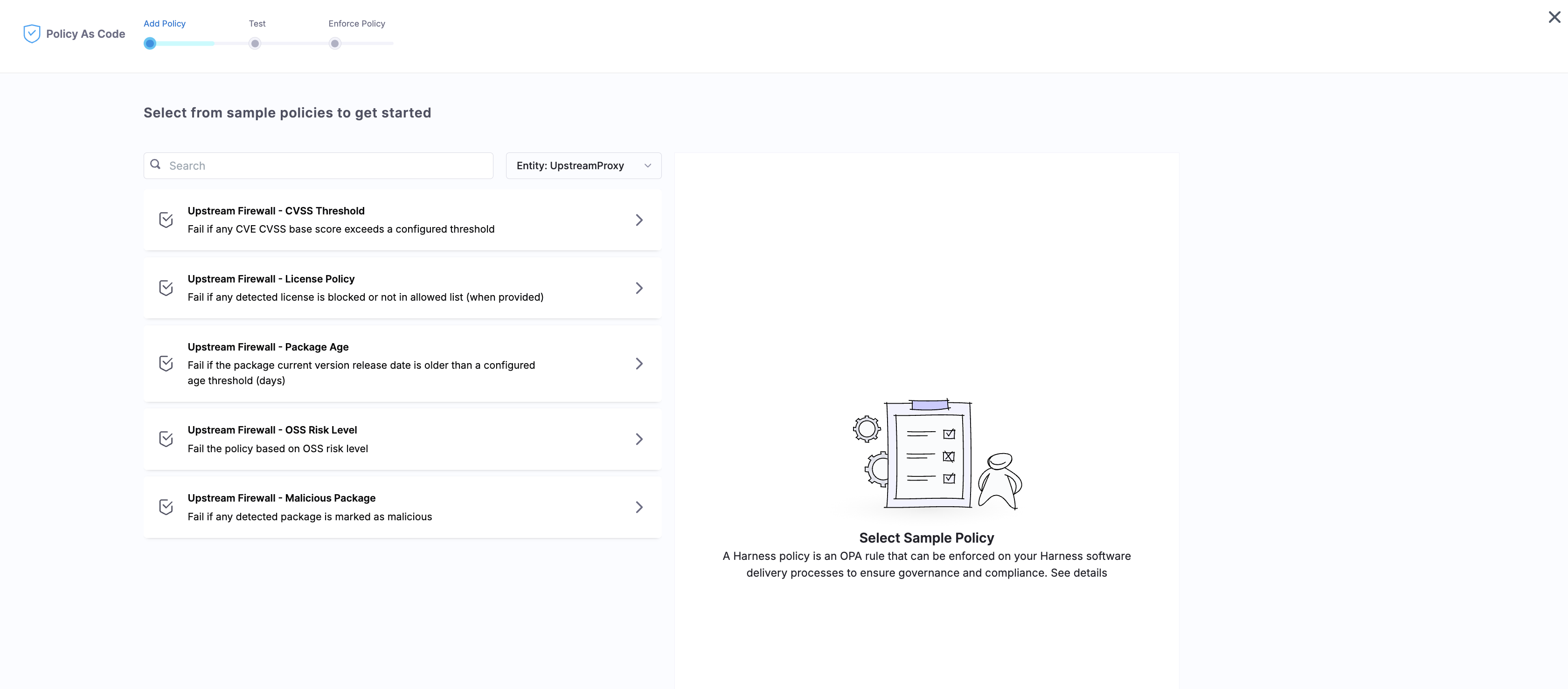 Policy As Code wizard showing the five built-in Upstream Firewall policy templates: CVSS Threshold, License Policy, Package Age, OSS Risk Level, and Malicious Package