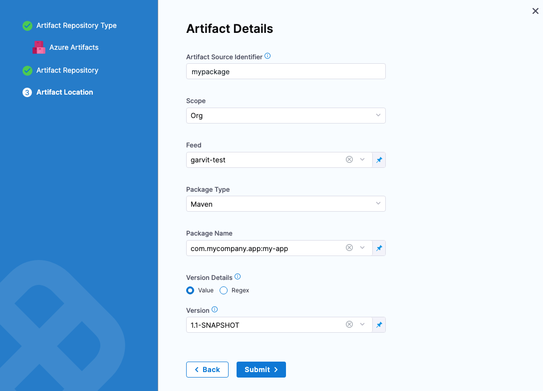 Azure Artifacts artifact source added to a Harness service