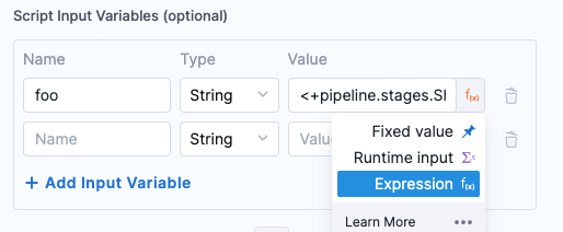 Script Input Variables with an expression selected in the Value field