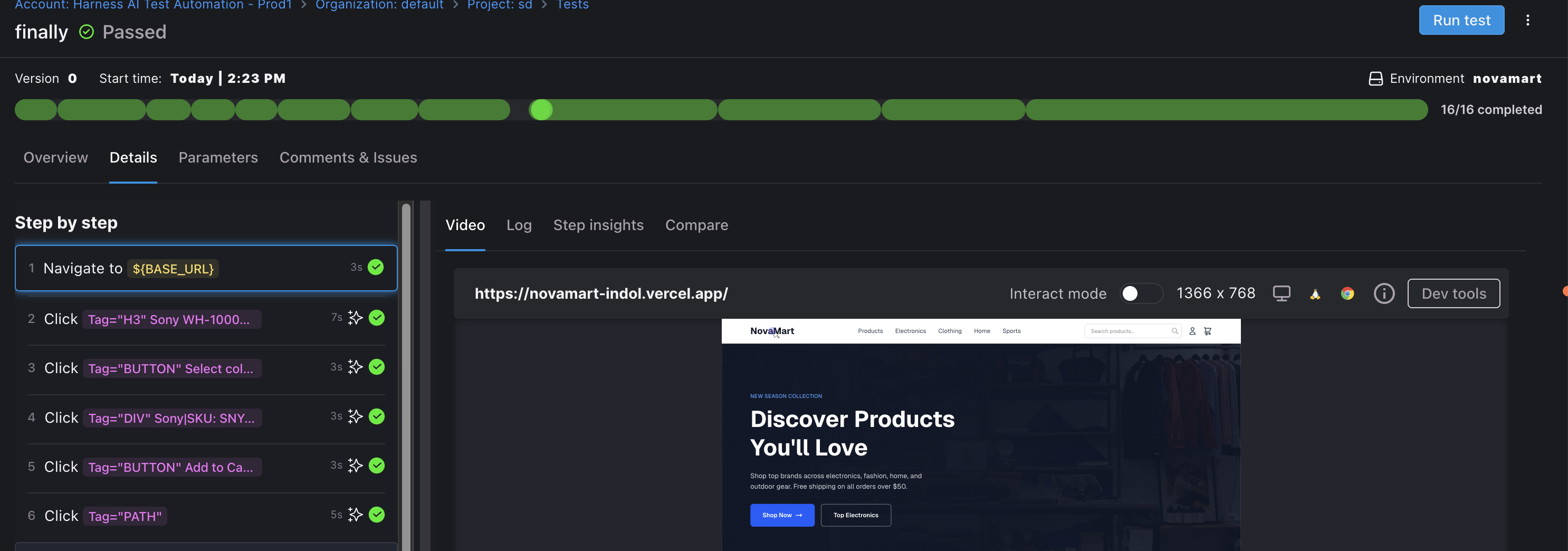 AIT step panel showing the navigate, click product, select variant, add to cart, and open cart steps with green checks