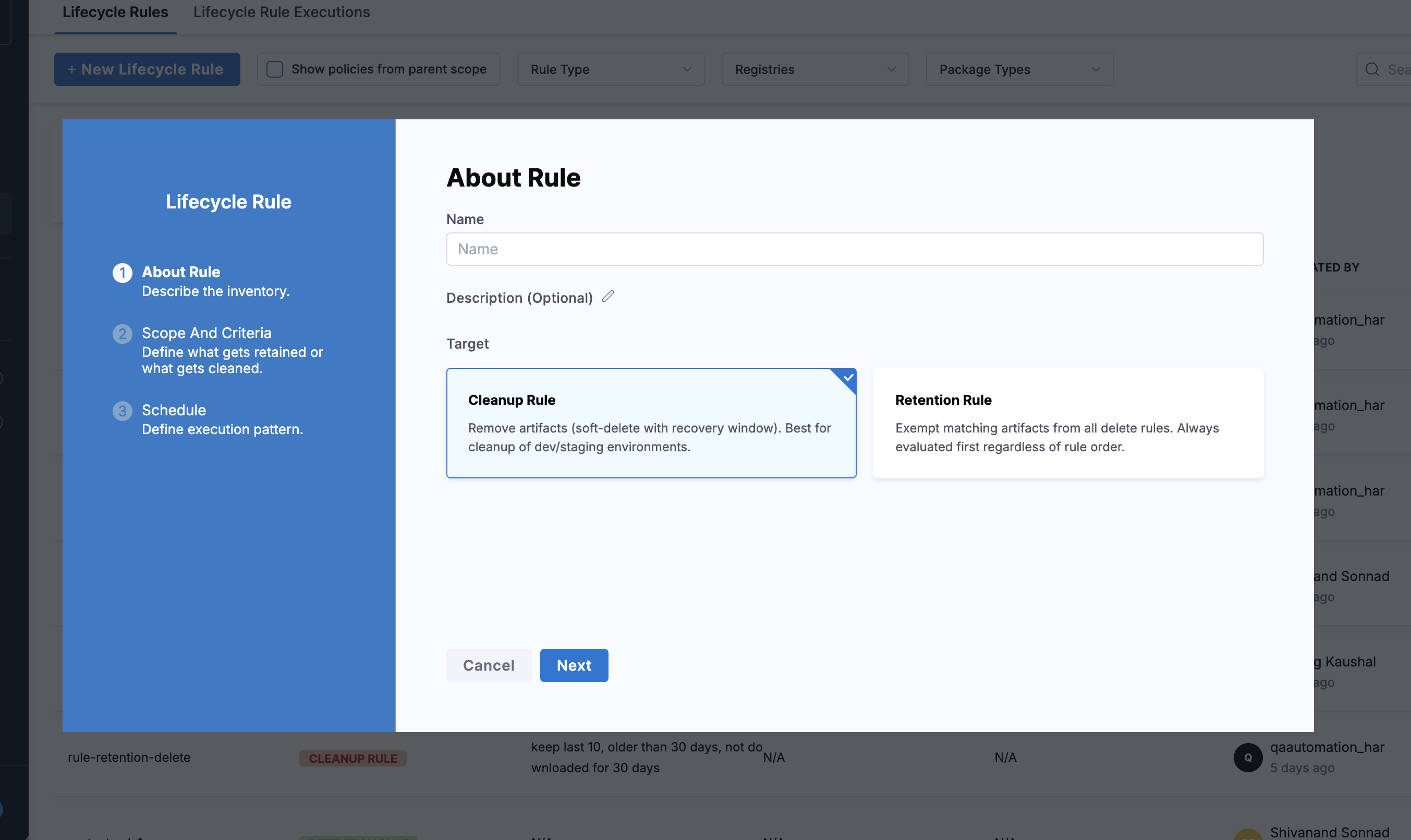 About Rule step showing name, description, and target selection with Cleanup Rule selected
