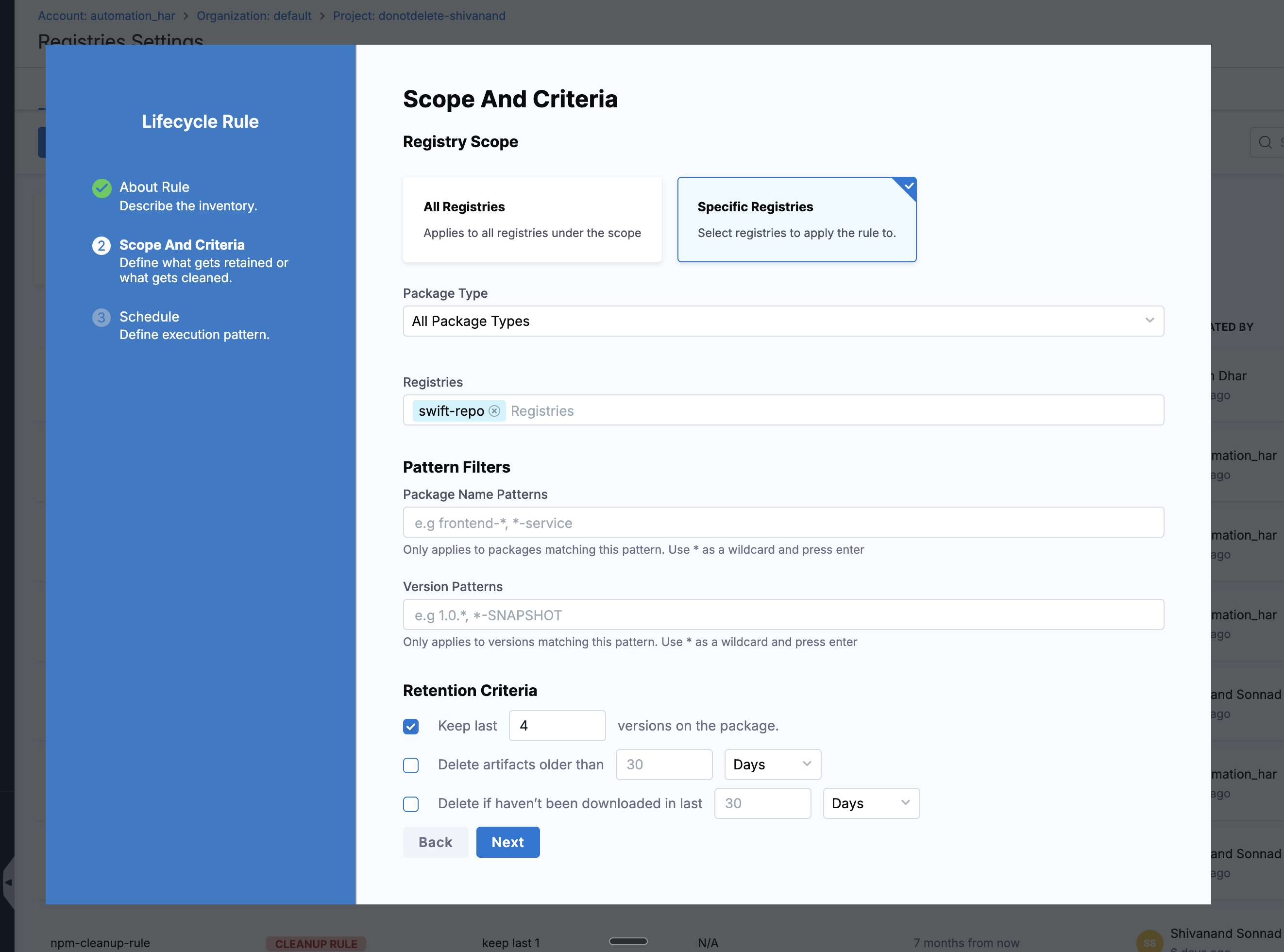 Scope And Criteria step with Specific Registries selected, showing swift-repo tag and Keep last 4 enabled