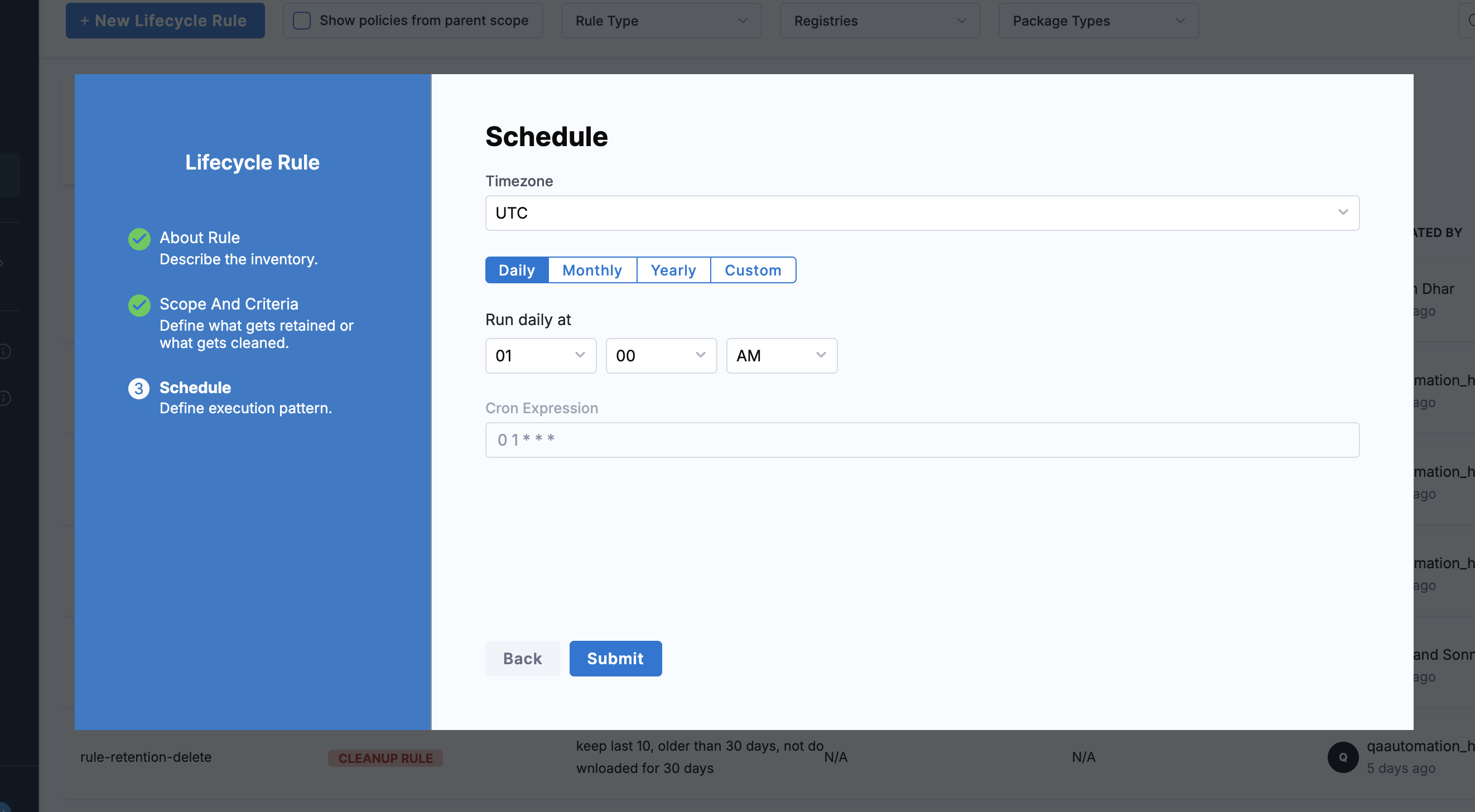 Schedule step showing timezone, frequency tabs, time picker, and generated cron expression