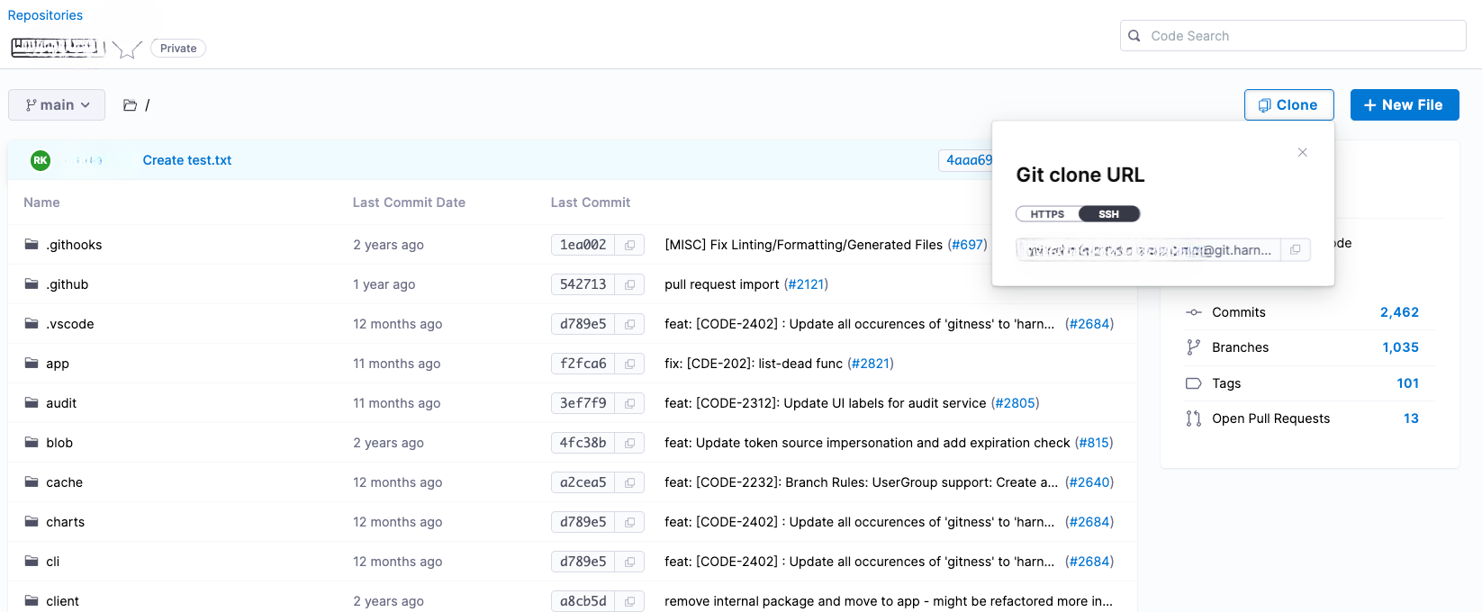 Clone dropdown showing the SSH URL for a Harness Code repository