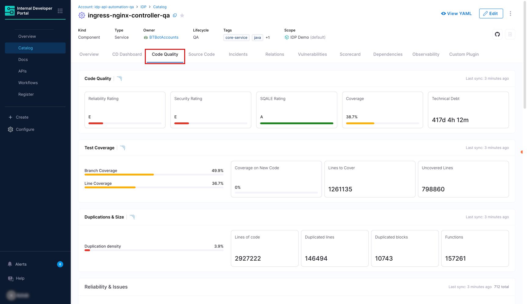 Code Quality tab showing full resource details