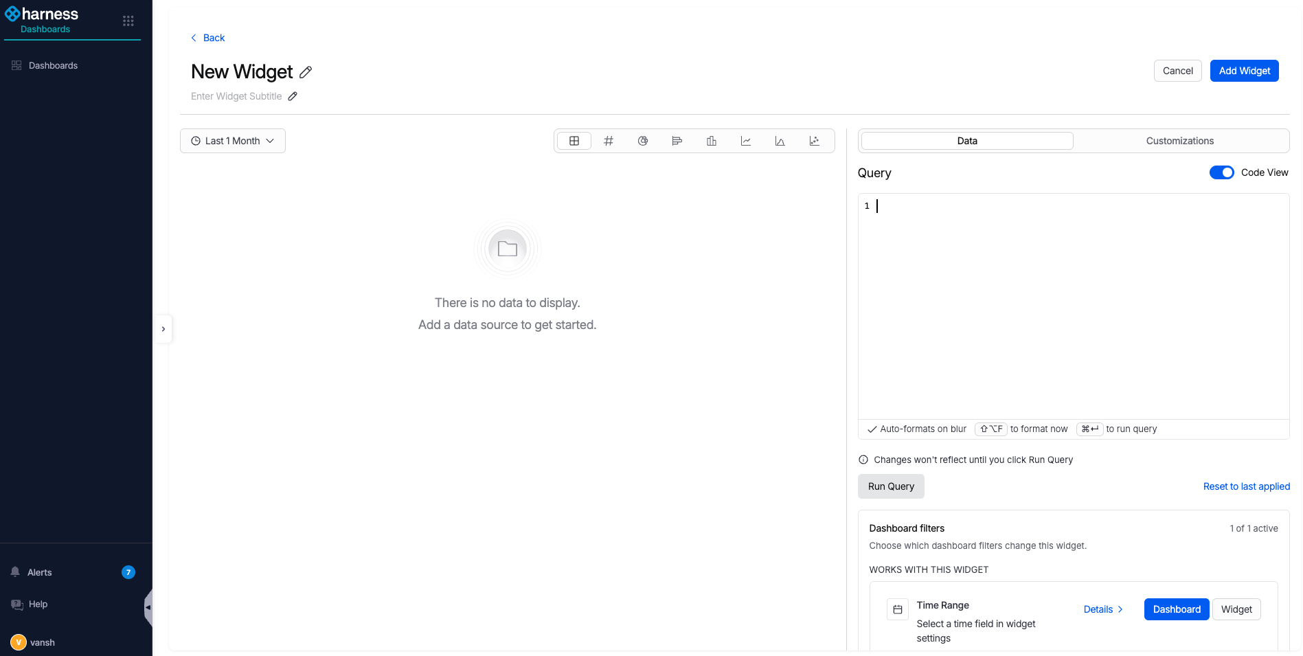 The Code View toggle on the widget editor