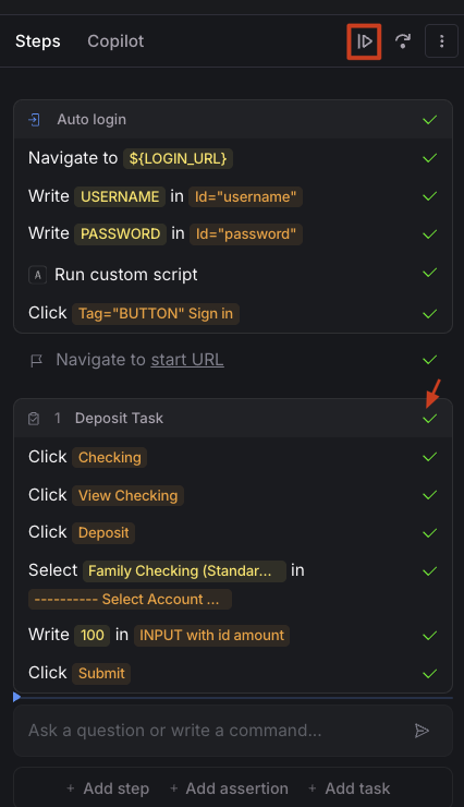 Continue button to execute task steps