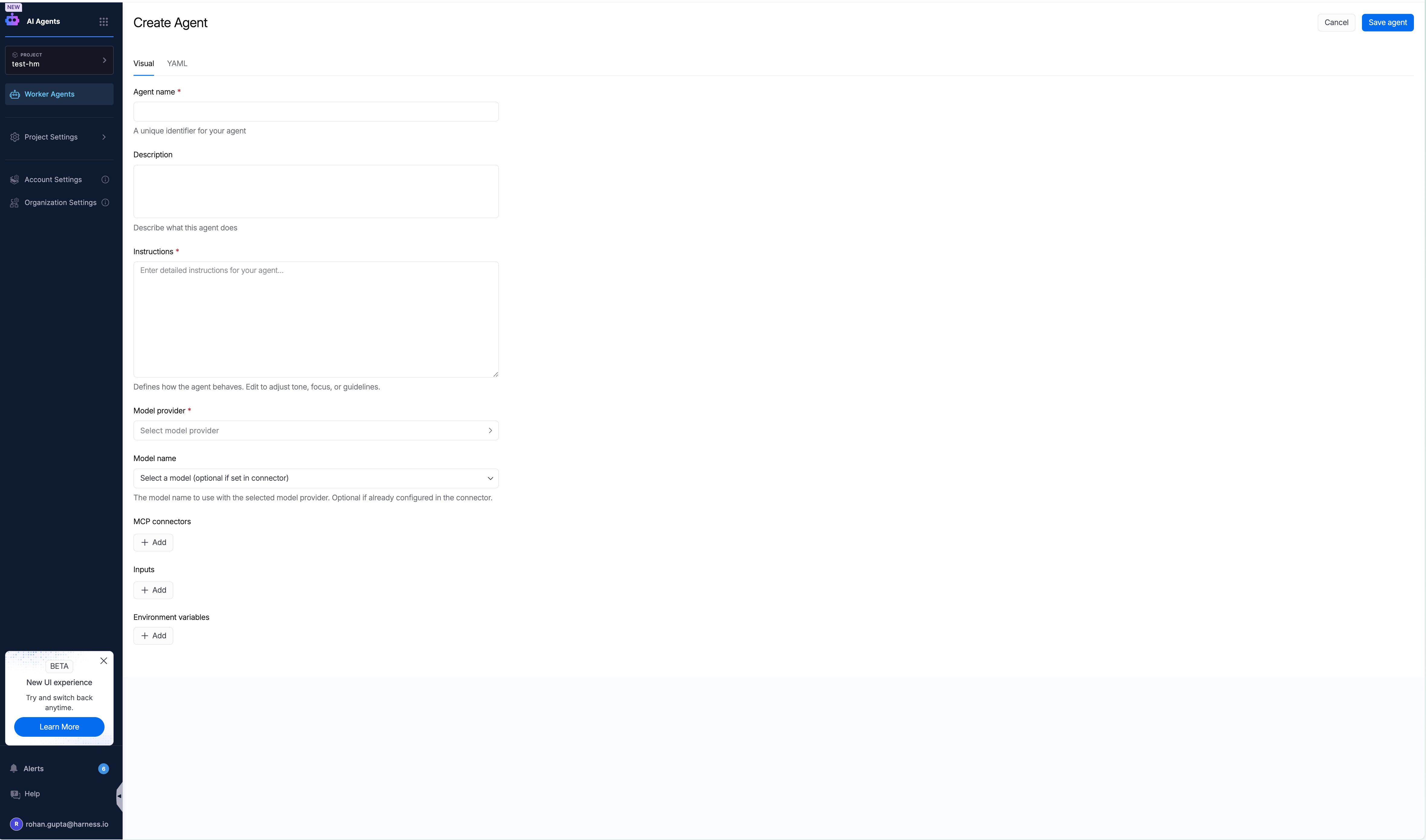 Create Agent form showing fields for Agent name, Description, Instructions, Model provider, Model name, MCP connectors, Inputs, and Environment variables