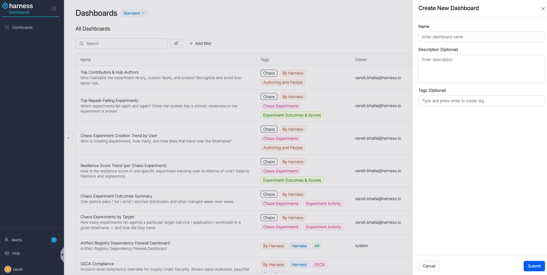 The Create Dashboard drawer