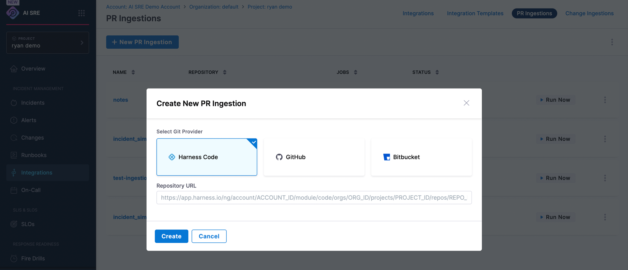 Create New PR Ingestion dialog with GitHub selected as the Git provider and a repository URL field