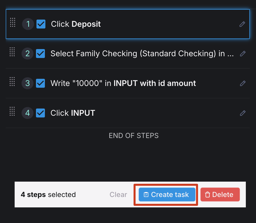 Create a task by selecting consecutive steps