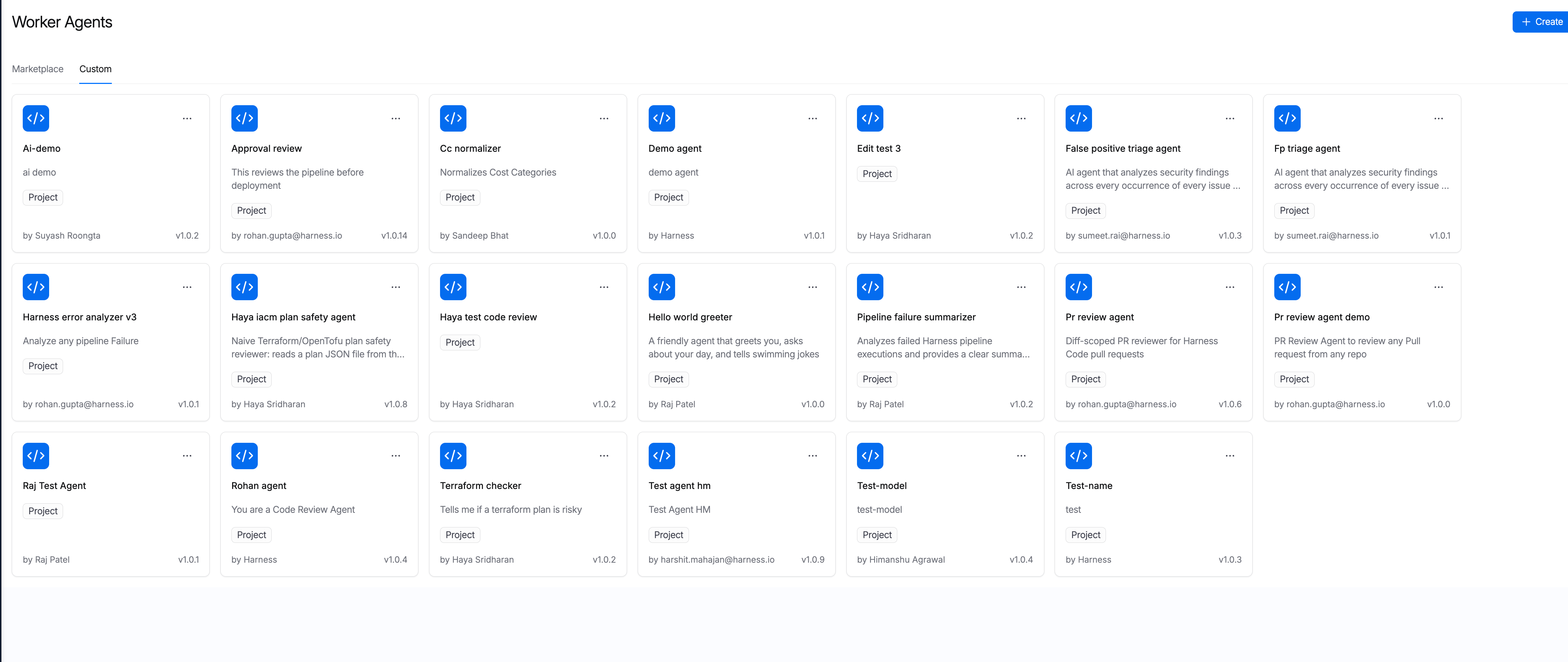 Worker Agent Catalog Custom tab showing user-created agents including Approval review, Code review, IaCM plan safety, Pipeline failure summarizer, and PR review agents