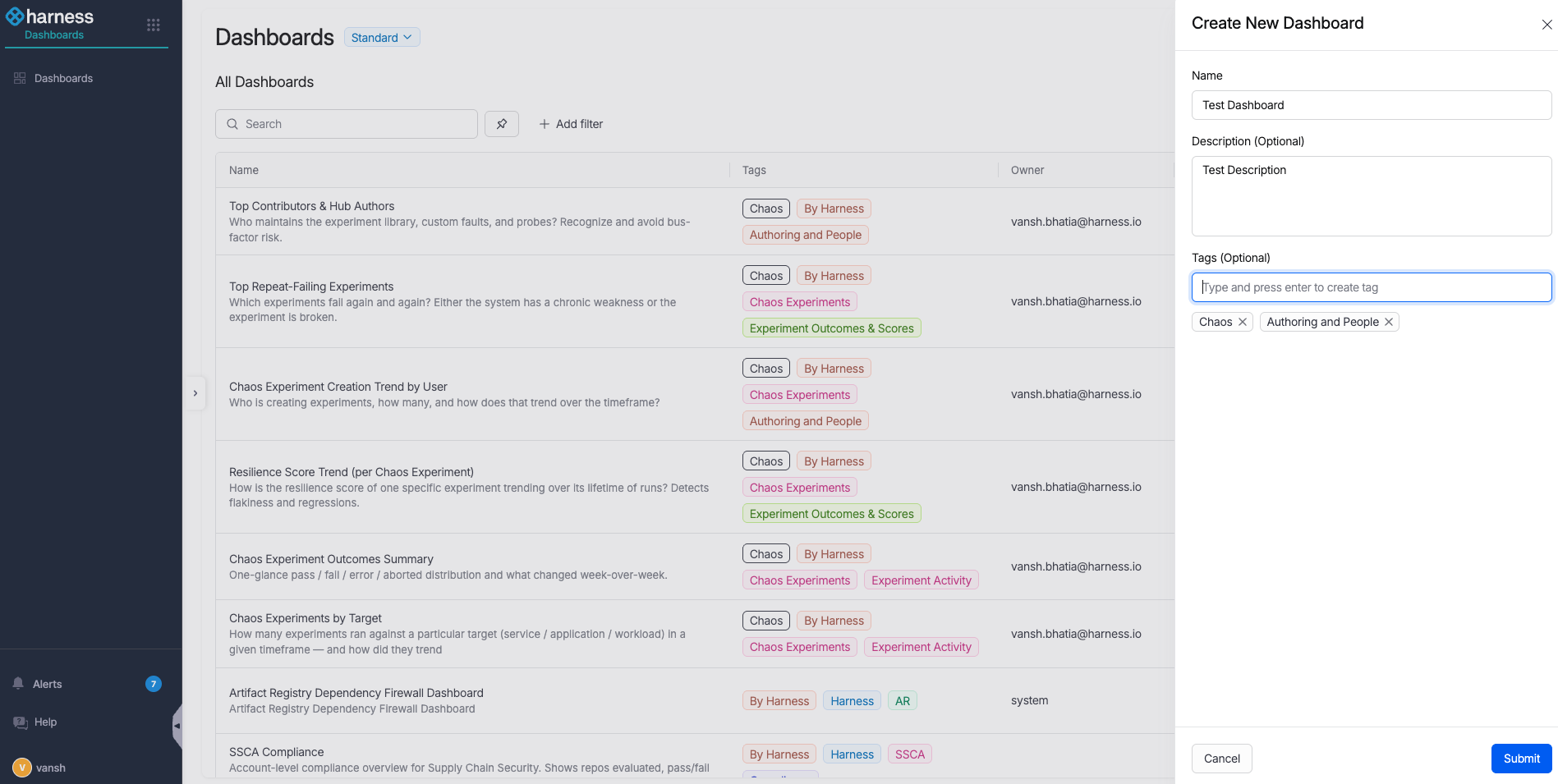 The dashboard tags, showing the mandatory Chaos tag and a category tag